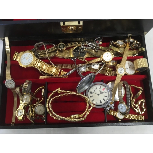 808 - BLACK JEWELLERY BOX WITH QTY OF GOLD COLOURED LADIES & GENTS WRIST WATCHES INCL; POCKET WATCHES