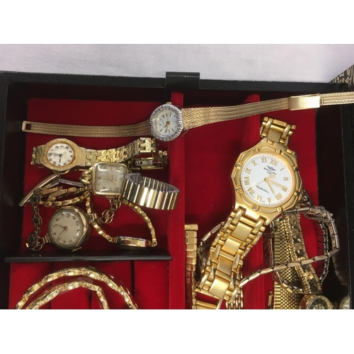 808 - BLACK JEWELLERY BOX WITH QTY OF GOLD COLOURED LADIES & GENTS WRIST WATCHES INCL; POCKET WATCHES