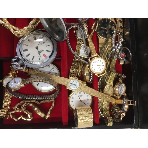 808 - BLACK JEWELLERY BOX WITH QTY OF GOLD COLOURED LADIES & GENTS WRIST WATCHES INCL; POCKET WATCHES