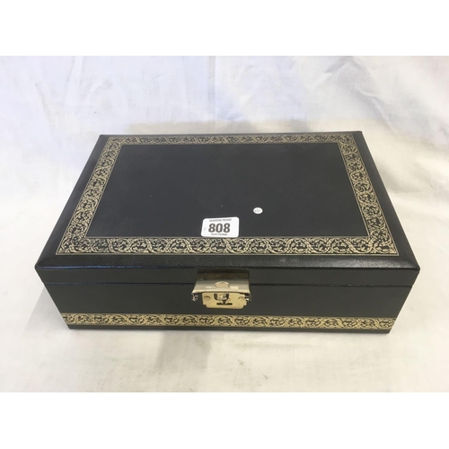 808 - BLACK JEWELLERY BOX WITH QTY OF GOLD COLOURED LADIES & GENTS WRIST WATCHES INCL; POCKET WATCHES