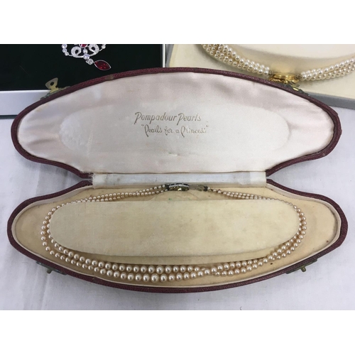 812 - 2 SETS OF BOXED PEARLS & A WHITE METAL NECKLACE & EARRING SET BY CHRISTALINA