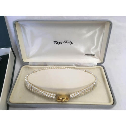 812 - 2 SETS OF BOXED PEARLS & A WHITE METAL NECKLACE & EARRING SET BY CHRISTALINA