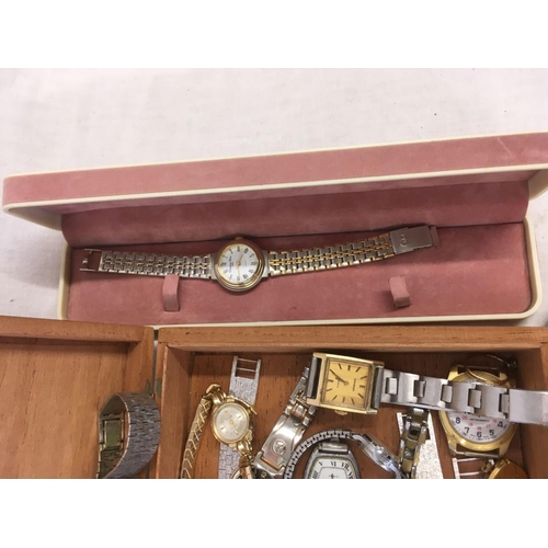 818 - CIGAR BOX OF WHITE METAL GENTS & LADIES WRIST WATCHES INCL; ROTARY & SEKONDA