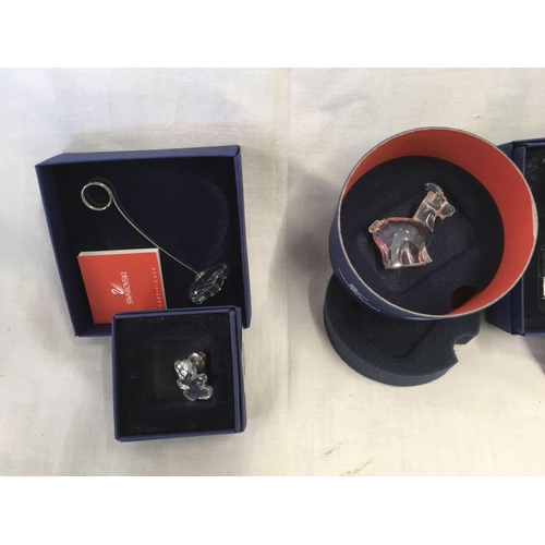 828 - QTY OF SWAROVSKI & FIGURES  BROOCHES, 2 DARTINGTON OVAL GLASS DISHES & A SILVER PLATED SHOP BOOT