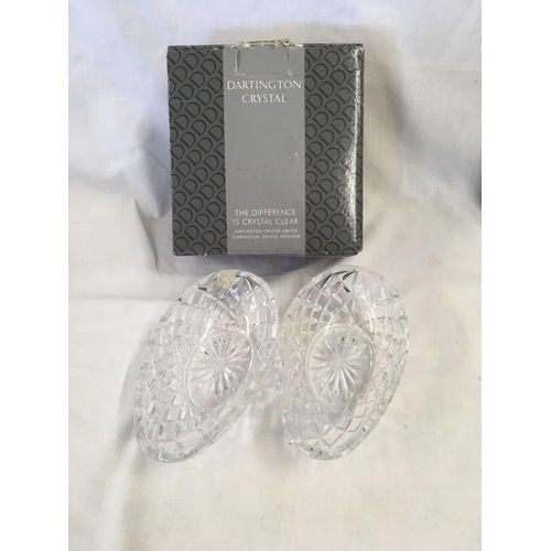 828 - QTY OF SWAROVSKI & FIGURES  BROOCHES, 2 DARTINGTON OVAL GLASS DISHES & A SILVER PLATED SHOP BOOT