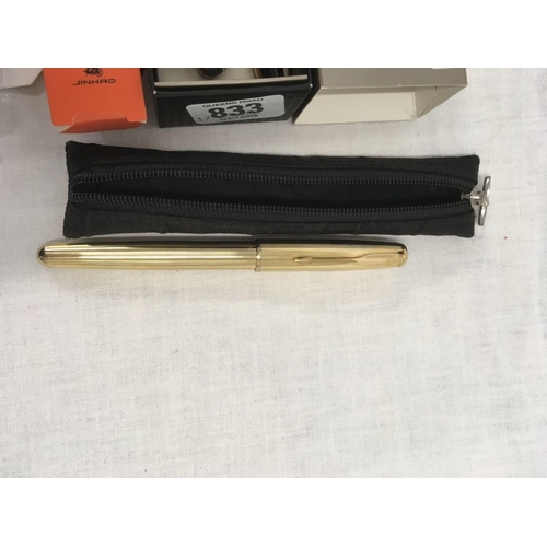 833 - 3 VARIOUS PARKER & INK PENS, 1 JINHAO GOLD COLOURED INK PEN & 1 GOLD COLOURED ROLLER BALL PEN,BODY O... 