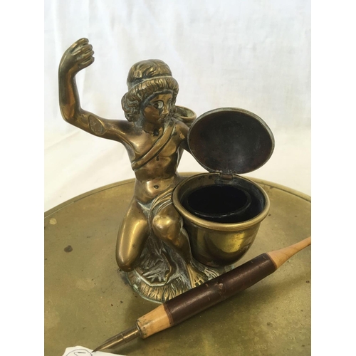 848 - VICTORIAN BRASS FIGURAL INK WELL WITH WOODEN DIP PEN & EMBOSSED BRASS HAND BELL