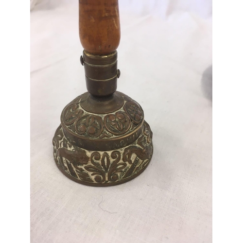 848 - VICTORIAN BRASS FIGURAL INK WELL WITH WOODEN DIP PEN & EMBOSSED BRASS HAND BELL