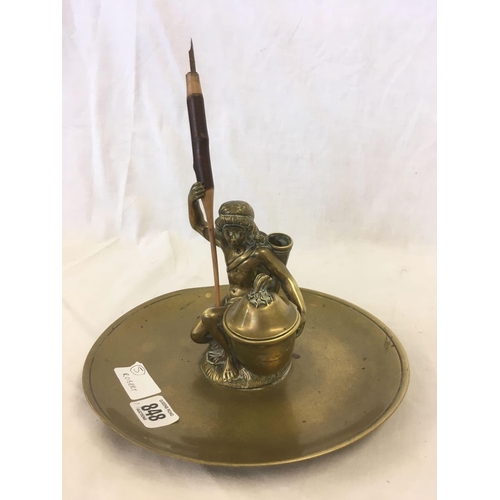 848 - VICTORIAN BRASS FIGURAL INK WELL WITH WOODEN DIP PEN & EMBOSSED BRASS HAND BELL