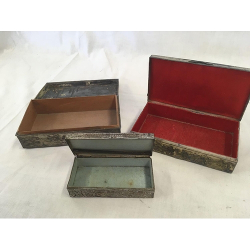 849 - 2 X CHINESE METAL BOXES & CARVED WOOD INDIAN BOX