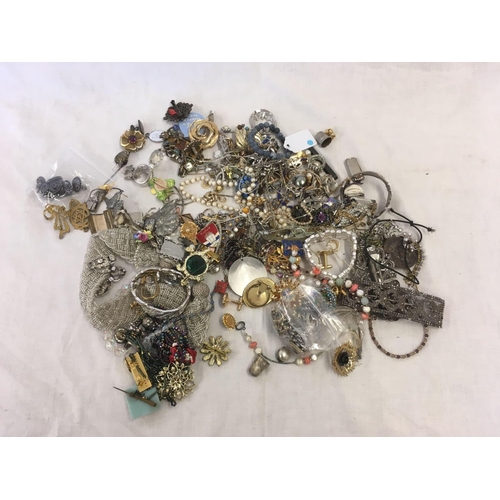 853 - CARTON OF COSTUME JEWELLERY, BROOCHES, BEADS, CUFF LINKS, PIN BADGES