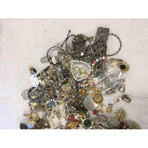 853 - CARTON OF COSTUME JEWELLERY, BROOCHES, BEADS, CUFF LINKS, PIN BADGES