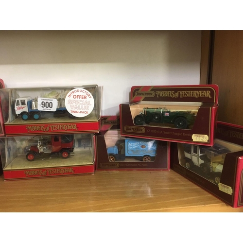 900 - SHELF OF MATCHBOX MODELS OF YESTERYEAR, CARS & LORRIES