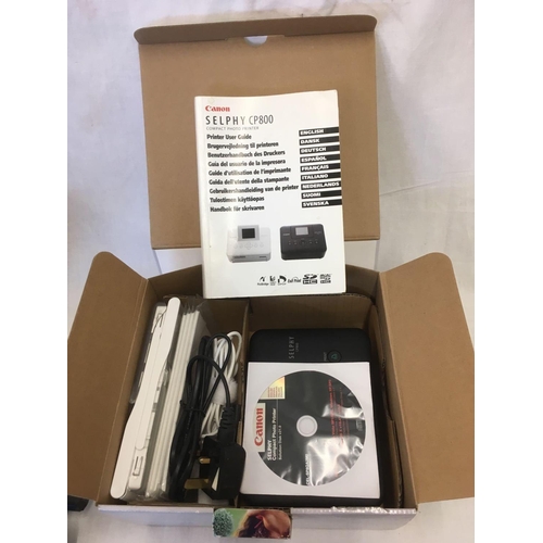 909 - CANON SELPHY CP800 COMPACT PHOTO PRINTER, A 30 - 300 TELEPHOTO LENSE, 2 CAMERA TRIPODS & A BAG WITH ... 