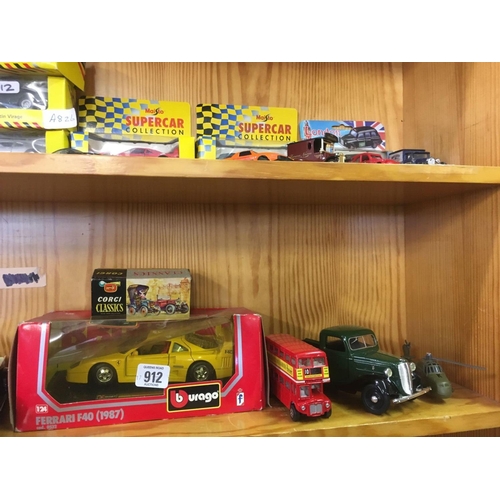 912 - 2 SHELVES OF MISC TOY CARS FROM THE SHELL SPORTS CAR COLLECTION & OTHER PLAY WORN TOYS