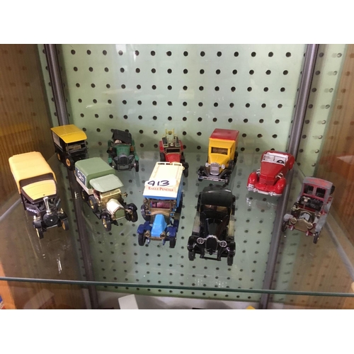 913 - 3 SHELVES OF PLAY WORN DINKY & CORGI TOY CARS