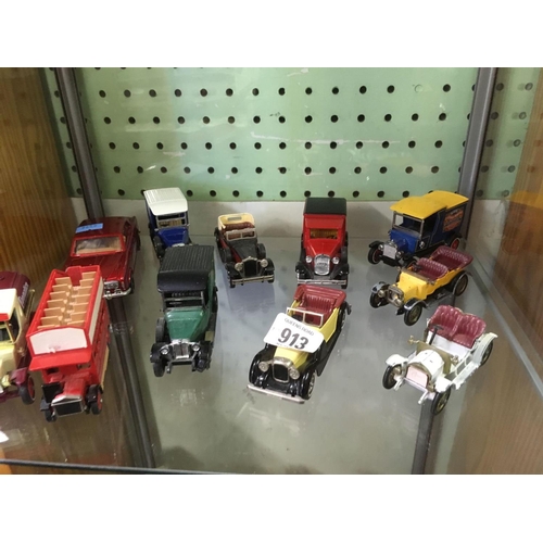 913 - 3 SHELVES OF PLAY WORN DINKY & CORGI TOY CARS