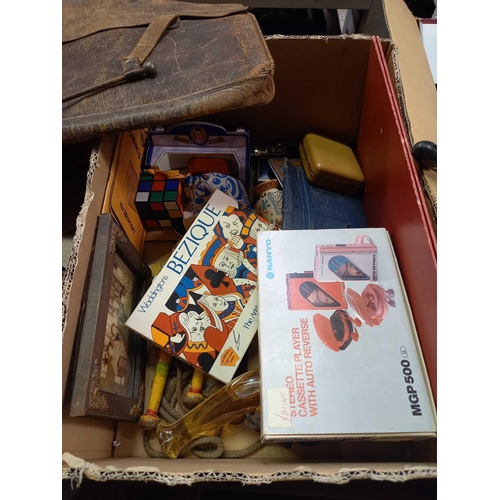 133 - 3 CARTONS OF MIXED BRIC-A-BRAC, SODA SYPHON, HAIR BRUSHED, PENS, GAMES, A BARBER REPAIR KIT, RUBIX C... 