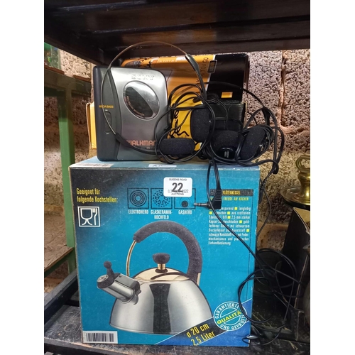 22 - WHISTLING KETTLE, NEW IN BOX & A VINTAGE SONY CASSETTE PLAYER