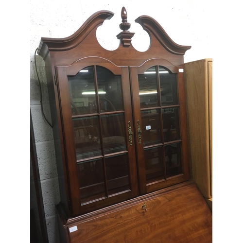 228 - POLISHED MAHOGANY BUREAU BOOKCASE WITH 4 LONG DRAWERS & BRASS DROP HANDLES BY PENNSYLVANIA HOUSE FUR... 