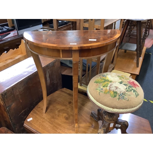 254 - MAHOGANY TRIPOD CARVED LEG TAPESTRY REVOLVING STOOL WITH YEW WOOD HALF MOON HALL TABLE