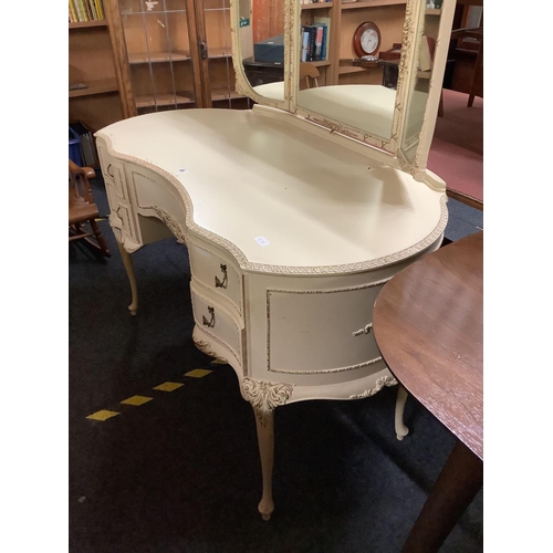 265 - ORNATE RETRO KIDNEY SHAPED DRESSING TABLE WITH 5 DRAWERS& TRIPLE MIRRORS