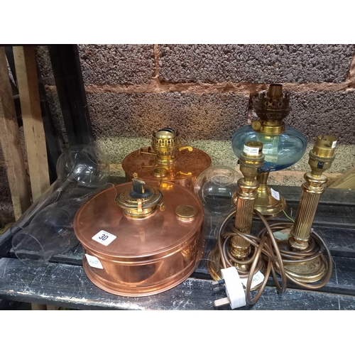 30 - 2 VINTAGE ANTIQUE PJ BRYANT MADE IN BRISTOL COPPER OIL LAMPS, 1 WITH ONE WICK THE OTHER WITH TWO, MO... 