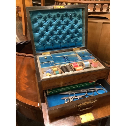 305 - VICTORIAN MAHOGANY TRAVELLING NEEDLEWORK CASKET WITH BRASS HANDLES