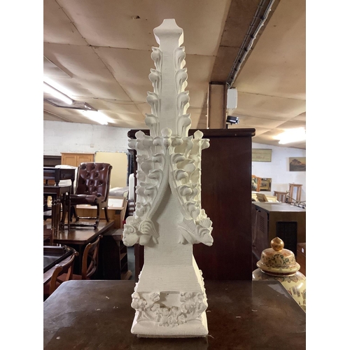 325 - CARVED STONE FINIAL WITH SWAGS & GARGOYLES, 18'' TALL