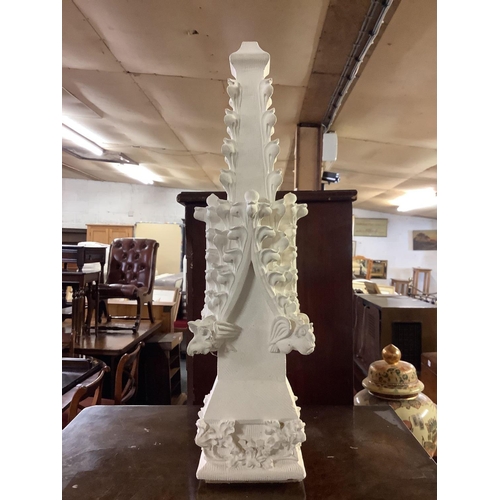 325 - CARVED STONE FINIAL WITH SWAGS & GARGOYLES, 18'' TALL