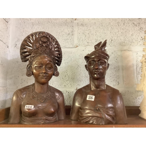 326 - PAIR OF INTRICATELY CARVED SOLID WOOD BUSTS, APPROX 14'' TALL