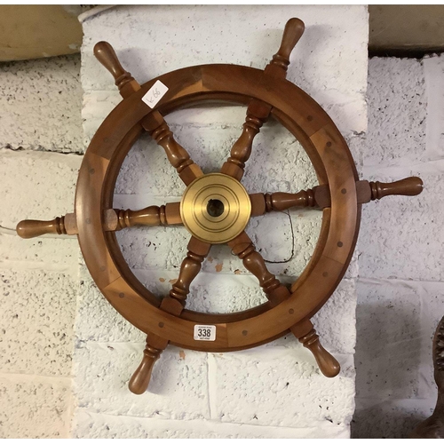 338 - DECORATIVE WOOD & BRASS SHIPS WHEEL