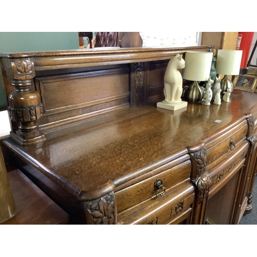 357 - EARLY 20TH CENTURY ART NOUVEAU STYLE CARVED OAK SIDEBOARD IN SUPERB ORDER WITH BRASS DROP HANDLES, 5... 