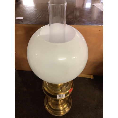 364 - BRASS & GLASS OIL LAMP WITH SHADE & CHIMNEY