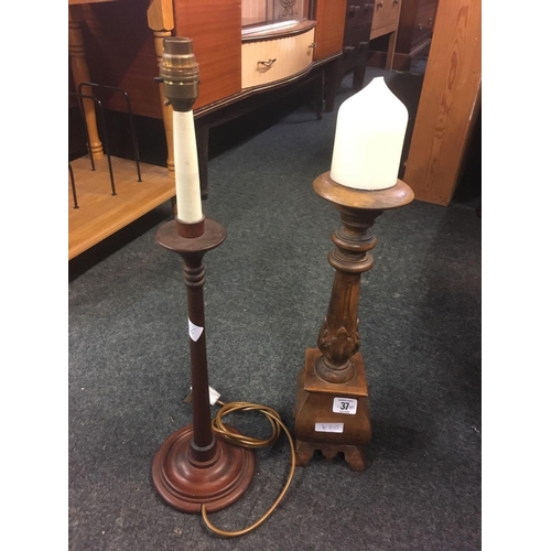 37 - WOODEN TABLE LAMP & WOODEN CANDLE HOLDER