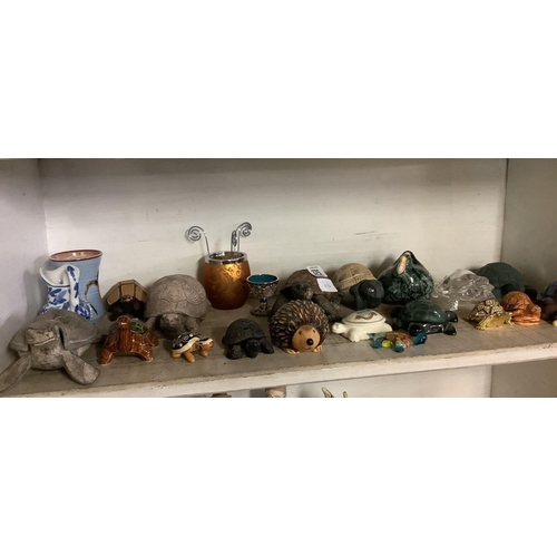 375 - SHELF OF CHINA & POTTERY TORTOISES ETC