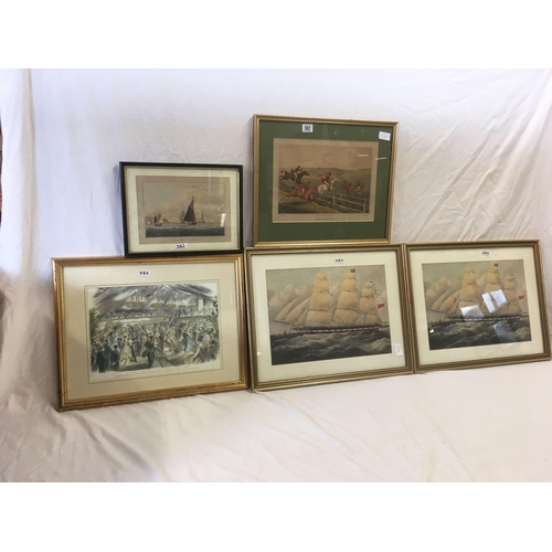 382 - 2 MARITIME PRINTS OF TALL SHIPS, 2 OTHER MARITIME PRINTS & A FOX HUNTING PRINT