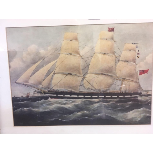 382 - 2 MARITIME PRINTS OF TALL SHIPS, 2 OTHER MARITIME PRINTS & A FOX HUNTING PRINT