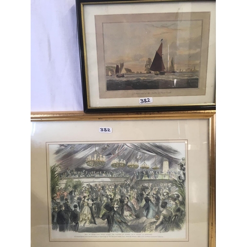 382 - 2 MARITIME PRINTS OF TALL SHIPS, 2 OTHER MARITIME PRINTS & A FOX HUNTING PRINT