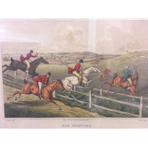 382 - 2 MARITIME PRINTS OF TALL SHIPS, 2 OTHER MARITIME PRINTS & A FOX HUNTING PRINT