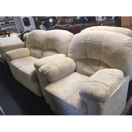 389 - CREAM G-PLAN 2 SEATER SETTEE WITH 2 MATCHING ARMCHAIRS & POUFFE