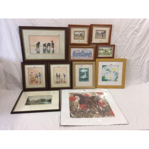 390 - 3 FRAMED PRINT PICTURES & A MOUNTED PRINT OF A CAT