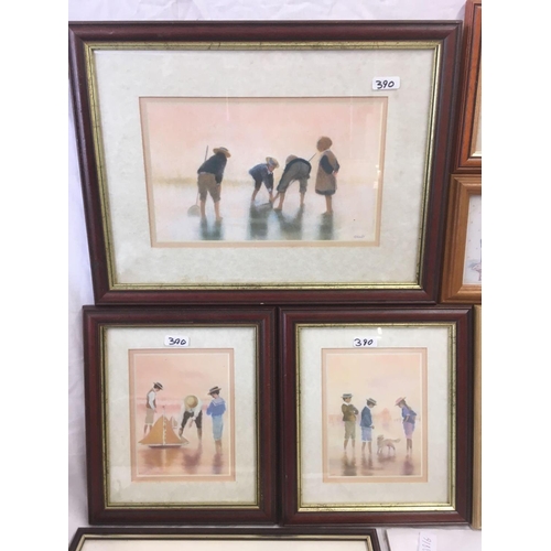 390 - 3 FRAMED PRINT PICTURES & A MOUNTED PRINT OF A CAT