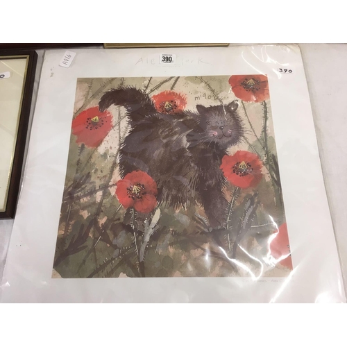 390 - 3 FRAMED PRINT PICTURES & A MOUNTED PRINT OF A CAT