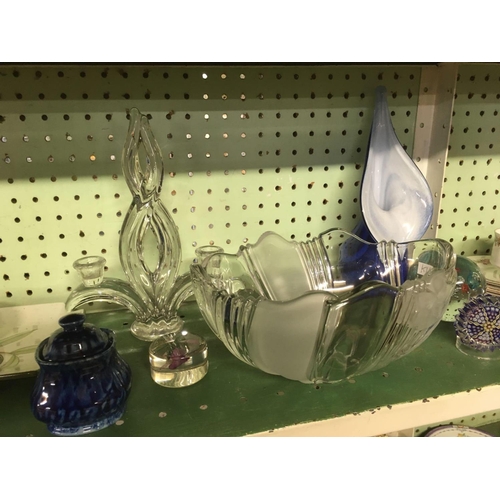 403 - SHELF OF POTTERY & GLASS INCL: MOTTO WARE, PAPERWEIGHTS ETC