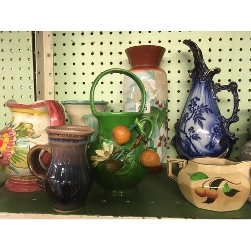 405 - SHELF OF VARIOUS POTTERY JUGS & VASES