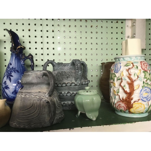 405 - SHELF OF VARIOUS POTTERY JUGS & VASES