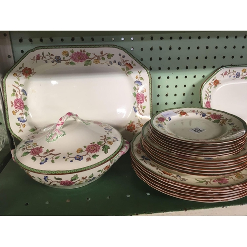 412 - SHELF OF COPELAND SPODE DINNERWARE INCL: 18 VARIOUS PLATES, 2 MEAT PLATTERS & 2 TUREEN'S