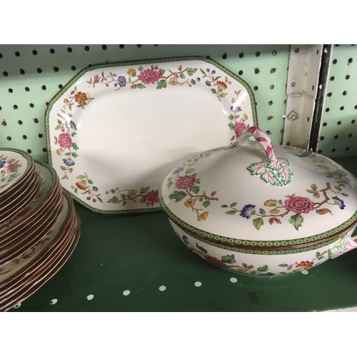 412 - SHELF OF COPELAND SPODE DINNERWARE INCL: 18 VARIOUS PLATES, 2 MEAT PLATTERS & 2 TUREEN'S