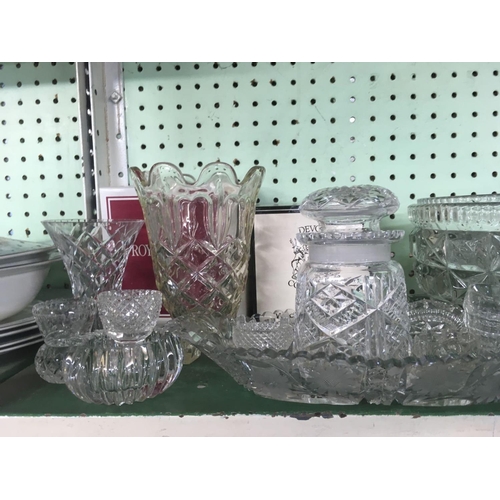 413 - SHELF OF CUT GLASS VASES, BOWLS, EGG CUPS ETC